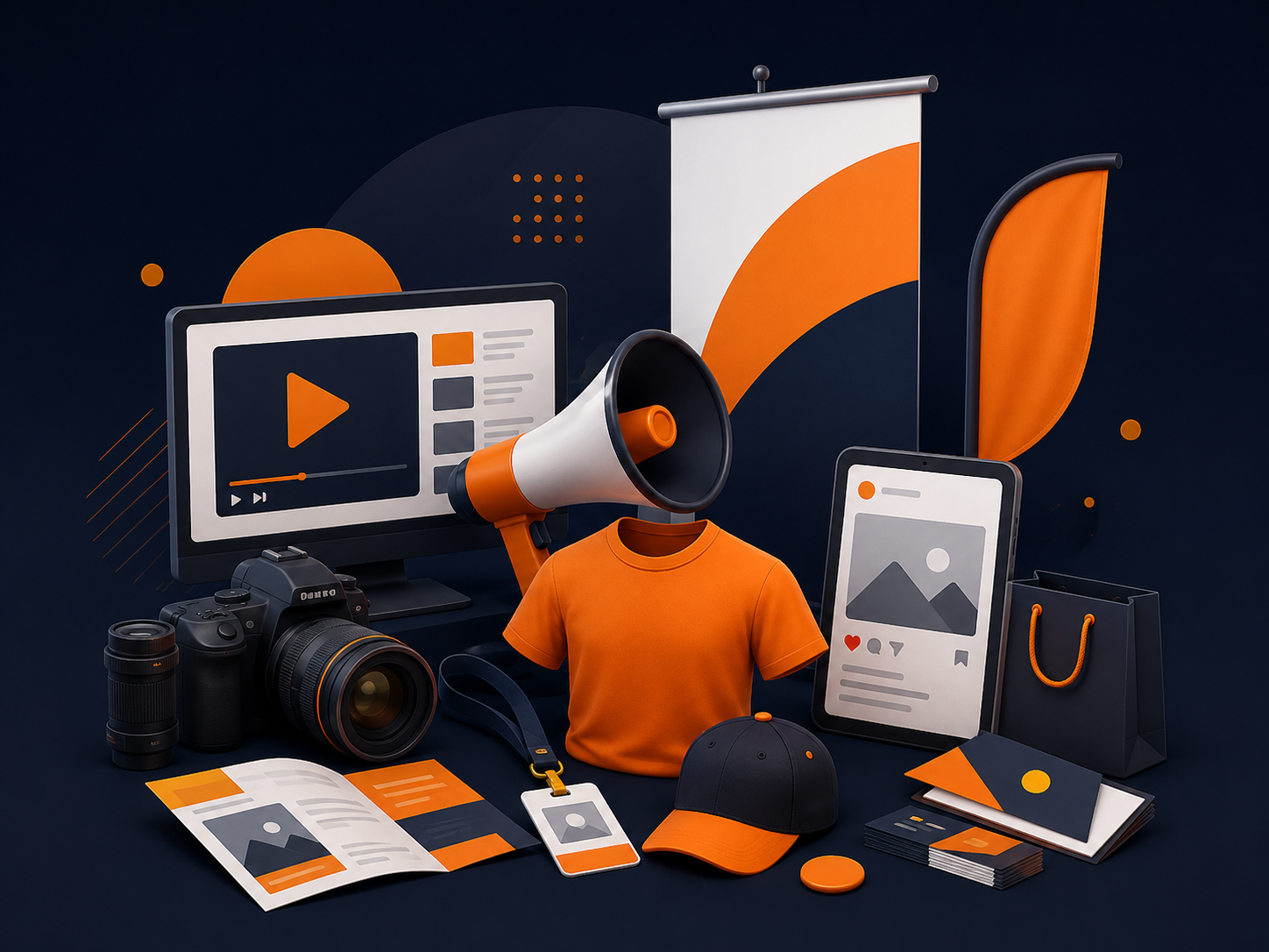 Promotional and communication materials including banners, apparel, and digital content